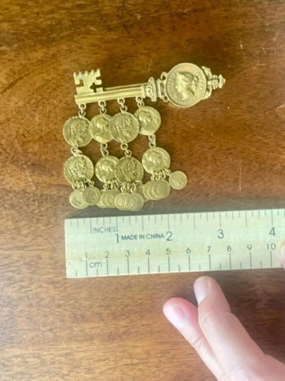 Vintage Rare Corocraft Gold Tone Faux Ancient Coin Dangle Key Statement Brooch